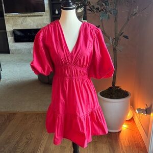 Vibrant Pink Puff-Sleeve V-Neck Dress